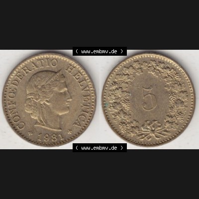Münzen Schweiz 1979-Heute, 5 Rappen Mzz. B 1981 I., Münzen Vollansicht Horizontal als Bildmaterial im online Katalog und online Datenbank für Sammler von Schweizer... Sammlung