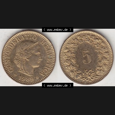 Münzen Schweiz 1979-Heute, 5 Rappen Mzz. B 1989, Münzen Vollansicht Horizontal als Bildmaterial im online Katalog und online Datenbank für Sammler von Schweizer Münzen. Sammlung