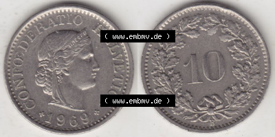 Münzen Schweiz 1940-Heute, 10 Rappen B 1969, Münzen Vollansicht Horizontal als Bildmaterial im online Katalog und online Datenbank... Sammlung