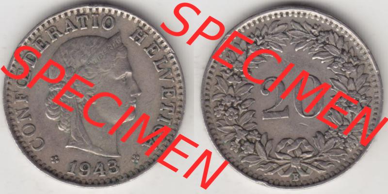 Münzen Schweiz 1939-2018, 20 Rappen Münzzeichen / Mzz. B 1943, Münzen Vollansicht Horizontal als Bildmaterial im online Katalog und online Datenbank für Sammler... Sammlung
