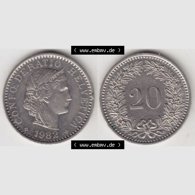 Münzen Schweiz 1939-2018, 20 Rappen Münzzeichen / Mzz. B 1982, Münzen Vollansicht Horizontal als Bildmaterial im online Katalog und online Datenbank für Sammler... Sammlung