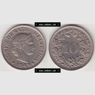 Münzen Schweiz 1940-Heute, 10 Rappen B 1949, Münzen Vollansicht Horizontal als Bildmaterial im online Katalog und online Datenbank für Sammler von Schweizer Münzen. Sammlung