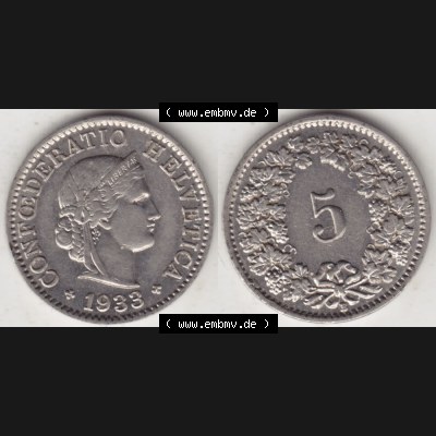 Münzen Schweiz 1932-1941, 5 Rappen Mzz. B 1933, Münzen Vollansicht Horizontal als Bildmaterial im online Katalog und online Datenbank für Sammler von Schweizer Münzen. Sammlung