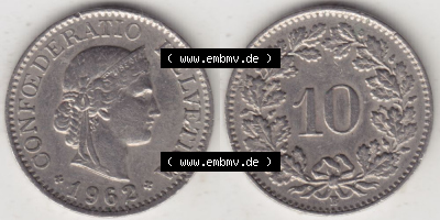 Münzen Schweiz 1940-Heute, 10 Rappen B 1962 I., Münzen Vollansicht Horizontal als Bildmaterial im online Katalog und online... Sammlung