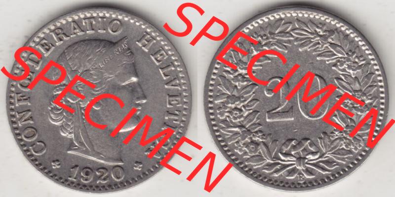 Münzen Schweiz 1881-1938, 20 Rappen Münzzeichen / Mzz. B 1920 I., Münzen Vollansicht Horizontal als Bildmaterial im online Katalog und online Datenbank für... Sammlung