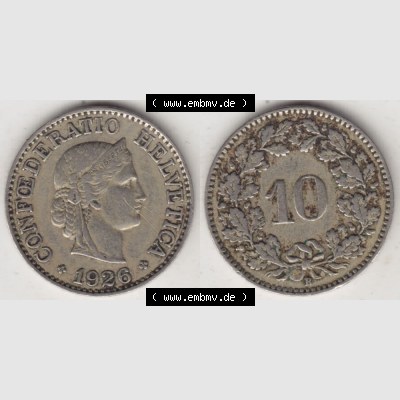 Münzen Schweiz 1919-1931, 10 Rappen B 1926, Münzen Vollansicht Horizontal als Bildmaterial im online Katalog und online Datenbank für Sammler von Schweizer Münzen. Sammlung
