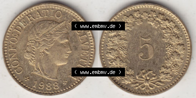 Münzen Schweiz 1979-Heute, 5 Rappen Mzz. B 1988, Münzen Vollansicht Horizontal als Bildmaterial im online Katalog und online... Sammlung