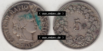 Münzen Schweiz 1879-1917, 5 Rappen Mzz. B 1915, Münzen Vollansicht Horizontal als Bildmaterial im online Katalog und online... Sammlung