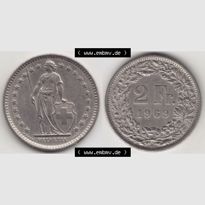 Münzen Schweiz 1968-1982, 2 Franken mit Münzzeichen / Mzz. B 1969, Münzen Vollansicht Horizontal als Bildmaterial im online Katalog und online Datenbank für Sammler... Sammlung