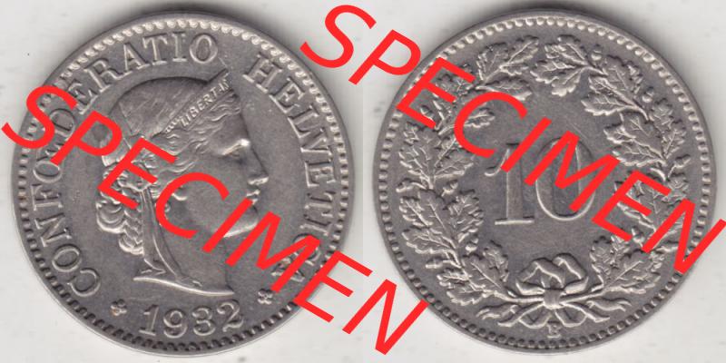 Münzen Schweiz 1932-1939, 10 Rappen B 1932 I., Münzen Vollansicht Horizontal als Bildmaterial im online Katalog und online Datenbank für Sammler von Schweizer Münzen. Sammlung