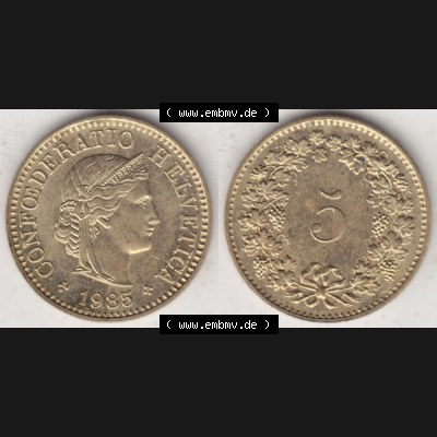Münzen Schweiz 1979-Heute, 5 Rappen Mzz. B 1985, Münzen Vollansicht Horizontal als Bildmaterial im online Katalog und online Datenbank für Sammler von Schweizer Münzen. Sammlung