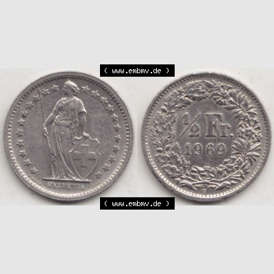 Münzen Schweiz 1968-1982, 1/2 Franken mit Münzzeichen / Mzz. B 1969 III, Münzen Vollansicht Horizontal als Bildmaterial Sammlung