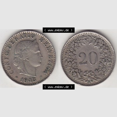 Münzen Schweiz 1939-2018, 20 Rappen Münzzeichen / Mzz. B 1943, Münzen Vollansicht Horizontal als Bildmaterial im online Katalog und online Datenbank für Sammler... Sammlung