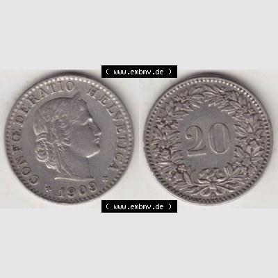 Münzen Schweiz 1881-1938, 20 Rappen Münzzeichen / Mzz. B 1909, Münzen Vollansicht Horizontal als Bildmaterial im online Katalog und online Datenbank für Sammler... Sammlung