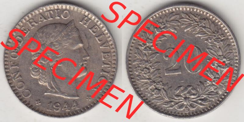 Münzen Schweiz 1939-Heute, 20 Rappen Münzzeichen / Mzz. B 1944 I., Münzen Vollansicht Horizontal als Bildmaterial im online Katalog und online Datenbank für... Sammlung