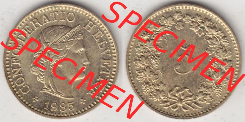 Münzen Schweiz 1979-Heute, 5 Rappen Mzz. B 1985, Münzen Vollansicht Horizontal als Bildmaterial im online Katalog und online Datenbank für Sammler von Schweizer Münzen. Sammlung