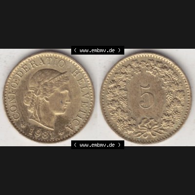 Münzen Schweiz 1979-Heute, 5 Rappen Mzz. B 1981 II., Münzen Vollansicht Horizontal als Bildmaterial im online Katalog und online Datenbank für Sammler von Schweizer... Sammlung
