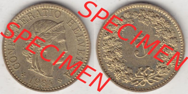 Münzen Schweiz 1979-Heute, 5 Rappen Mzz. B 1984, Münzen Vollansicht Horizontal als Bildmaterial im online Katalog und online Datenbank für Sammler von Schweizer Münzen. Sammlung
