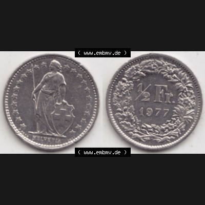 Münzen Schweiz 1968-Heute, Halber Franken 1977, Münzen Vollansicht Horizontal als Bildmaterial Sammlung