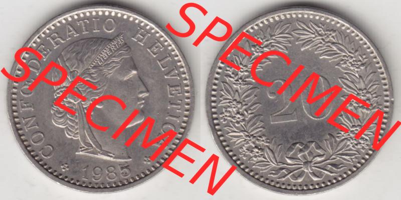 Münzen Schweiz 1939-2018, 20 Rappen Münzzeichen / Mzz. B 1985, Münzen Vollansicht Horizontal als Bildmaterial im online Katalog und online Datenbank für Sammler... Sammlung