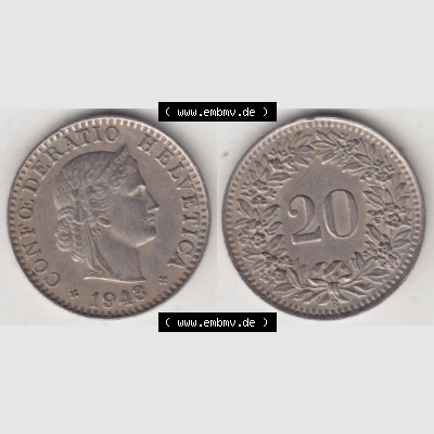 Münzen Schweiz 1939-Heute, 20 Rappen Münzzeichen / Mzz. B 1943 I., Münzen Vollansicht Horizontal als Bildmaterial im online Katalog und online Datenbank für... Sammlung