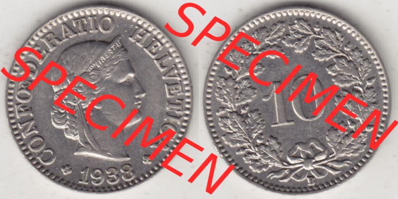 Münzen Schweiz 1932-1939, 10 Rappen B 1938 I., Münzen Vollansicht Horizontal als Bildmaterial im online Katalog und online Datenbank für Sammler von Schweizer Münzen. Sammlung