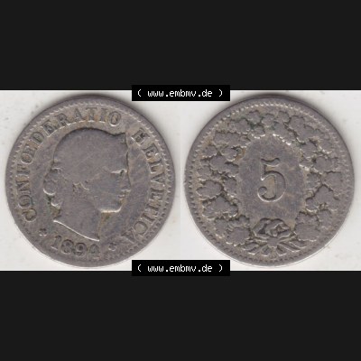 Münzen Schweiz 1879-1917, 5 Rappen Mzz. B 1894, Münzen Vollansicht Horizontal als Bildmaterial im online Katalog und online Datenbank für Sammler von Schweizer Münzen. Sammlung