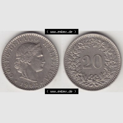 Münzen Schweiz 1939-2018, 20 Rappen Münzzeichen / Mzz. B 1962 I., Münzen Vollansicht Horizontal als Bildmaterial im online Katalog und online Datenbank für... Sammlung