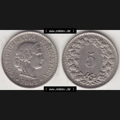 Münzen Schweiz 1940-1980, 5 Rappen Mzz. B 1962, Münzen Vollansicht Horizontal als Bildmaterial im online Katalog und online Datenbank für Sammler von Schweizer Münzen. Sammlung