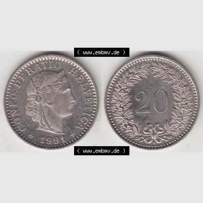 Münzen Schweiz 1939-2018, 20 Rappen Münzzeichen / Mzz. B 1991, Münzen Vollansicht Horizontal als Bildmaterial im online Katalog und online Datenbank für Sammler... Sammlung