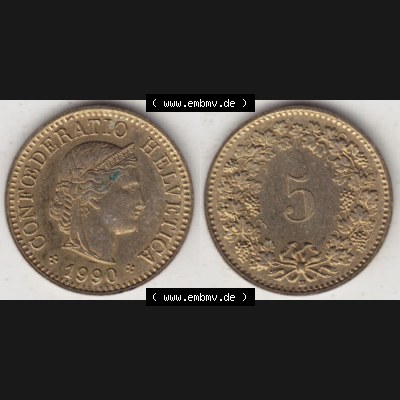 Münzen Schweiz 1979-Heute, 5 Rappen Mzz. B 1990, Münzen Vollansicht Horizontal als Bildmaterial im online Katalog und online Datenbank für Sammler von Schweizer Münzen. Sammlung