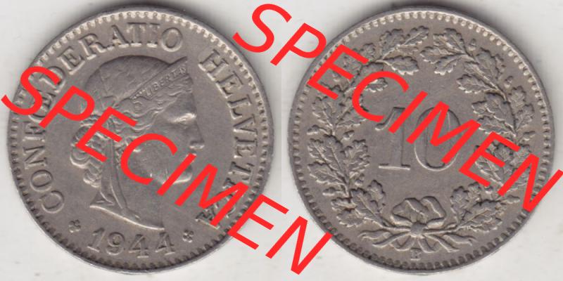Münzen Schweiz 1940-Heute, 10 Rappen B 1944 I., Münzen Vollansicht Horizontal als Bildmaterial im online Katalog und online Datenbank für Sammler von Schweizer Münzen. Sammlung