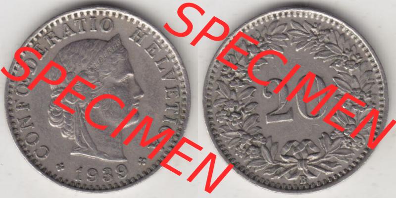 Münzen Schweiz 1939-Heute, 20 Rappen Münzzeichen / Mzz. B 1939, Münzen Vollansicht Horizontal als Bildmaterial im online Katalog und online Datenbank für Sammler... Sammlung