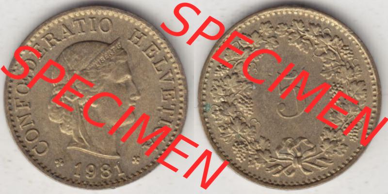 Münzen Schweiz 1979-Heute, 5 Rappen Mzz. B 1981 I., Münzen Vollansicht Horizontal als Bildmaterial im online Katalog und online Datenbank für Sammler von Schweizer... Sammlung