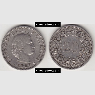 Münzen Schweiz 1881-1938, 20 Rappen Münzzeichen / Mzz. B 1900, Münzen Vollansicht Horizontal als Bildmaterial im online Katalog und online Datenbank für Sammler... Sammlung