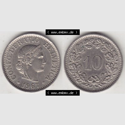 Münzen Schweiz 1940-Heute, 10 Rappen B 1967, Münzen Vollansicht Horizontal als Bildmaterial im online Katalog und online Datenbank für Sammler von Schweizer Münzen. Sammlung