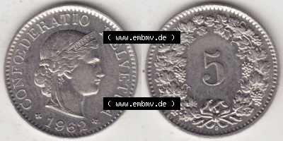 Münzen Schweiz 1940-1980, 5 Rappen Mzz. B 1962, Münzen Vollansicht Horizontal als Bildmaterial im online Katalog und online... Sammlung