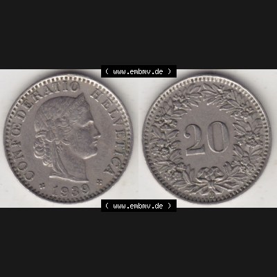 Münzen Schweiz 1939-Heute, 20 Rappen Münzzeichen / Mzz. B 1939, Münzen Vollansicht Horizontal als Bildmaterial im online Katalog und online Datenbank für Sammler... Sammlung