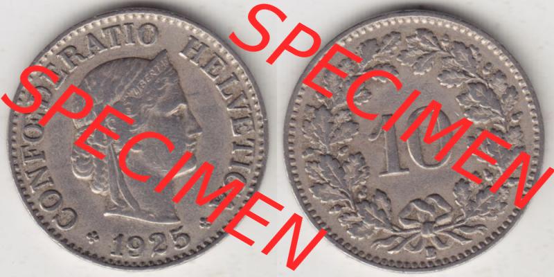 Münzen Schweiz 1919-1931, 10 Rappen B 1925 I., Münzen Vollansicht Horizontal als Bildmaterial im online Katalog und online Datenbank für Sammler von Schweizer Münzen. Sammlung