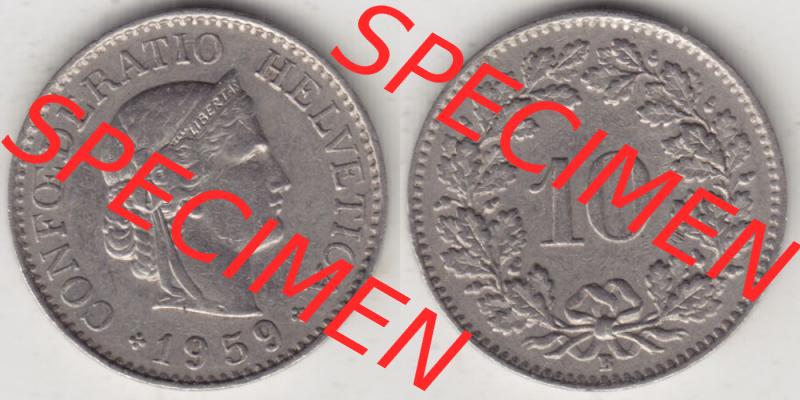 Münzen Schweiz 1940-Heute, 10 Rappen B 1959, Münzen Vollansicht Horizontal als Bildmaterial im online Katalog und online Datenbank für Sammler von Schweizer Münzen. Sammlung