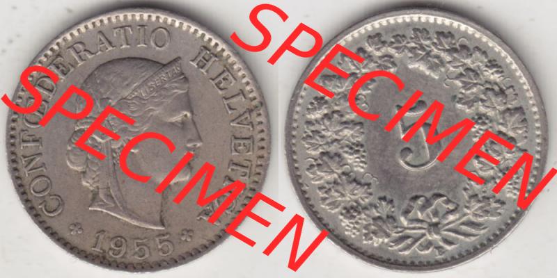 Münzen Schweiz 1940-1980, 5 Rappen Mzz. B 1955 I., Münzen Vollansicht Horizontal als Bildmaterial im online Katalog und online Datenbank für Sammler von Schweizer... Sammlung