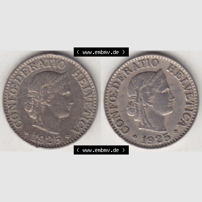 Münzen Schweiz 1919-1931, 10 Rappen B 1925, Münzen Vollansicht Horizontal als Bildmaterial im online Katalog und online Datenbank für Sammler von Schweizer Münzen. Sammlung