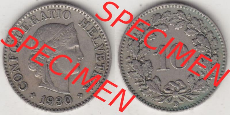 Münzen Schweiz 1919-1931, 10 Rappen B 1930 I., Münzen Vollansicht Horizontal als Bildmaterial im online Katalog und online Datenbank für Sammler von Schweizer Münzen. Sammlung