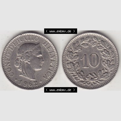 Münzen Schweiz 1940-Heute, 10 Rappen B 1962 I., Münzen Vollansicht Horizontal als Bildmaterial im online Katalog und online Datenbank für Sammler von Schweizer Münzen. Sammlung