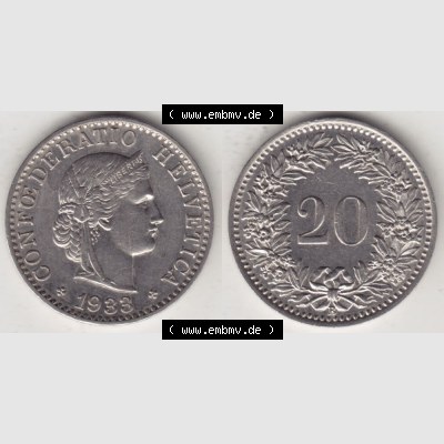Münzen Schweiz 1881-1938, 20 Rappen Münzzeichen / Mzz. B 1933 I., Münzen Vollansicht Horizontal als Bildmaterial im online Katalog und online Datenbank für... Sammlung