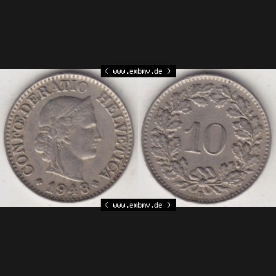 Münzen Schweiz 1940-Heute, 10 Rappen B 1948, Münzen Vollansicht Horizontal als Bildmaterial im online Katalog und online Datenbank für Sammler von Schweizer Münzen. Sammlung
