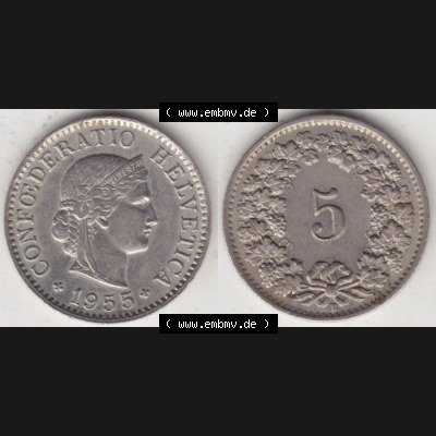 Münzen Schweiz 1940-1980, 5 Rappen Mzz. B 1955 II., Münzen Vollansicht Horizontal als Bildmaterial im online Katalog und online Datenbank für Sammler von Schweizer... Sammlung