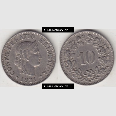 Münzen Schweiz 1919-1931, 10 Rappen B 1931, Münzen Vollansicht Horizontal als Bildmaterial im online Katalog und online Datenbank für Sammler von Schweizer Münzen. Sammlung
