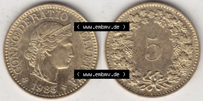 Münzen Schweiz 1979-Heute, 5 Rappen Mzz. B 1985, Münzen Vollansicht Horizontal als Bildmaterial im online Katalog und online... Sammlung