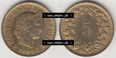 Münzen Schweiz 1979-Heute, 5 Rappen Mzz. B 1990, Münzen Vollansicht Horizontal als Bildmaterial im online Katalog und online... Sammlung